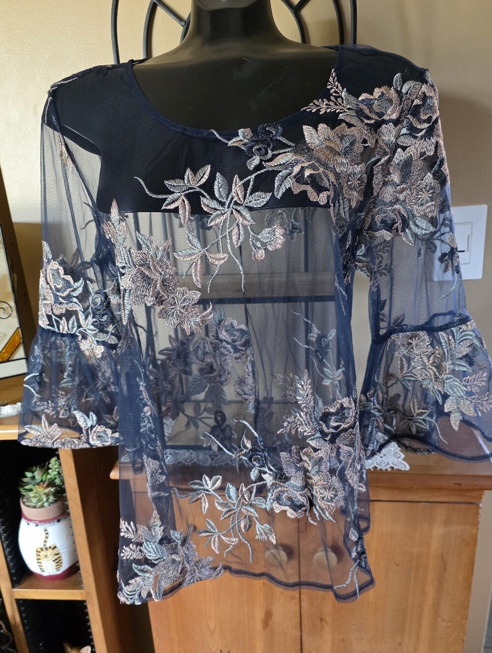 Solitaire Navy Sheer Mesh Boho Floral Embroidered Bell-Sleeve Blouse Size M